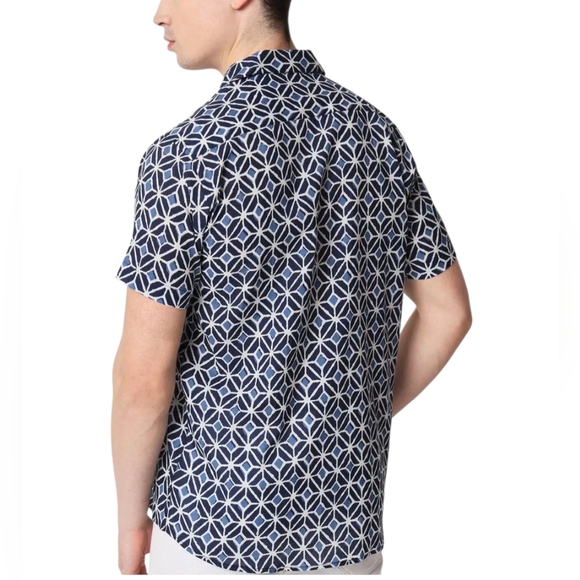 Piombo Mens Blue Geometric Print Short Sleeve Button Down Shirt - Large - Picture 4 of 15